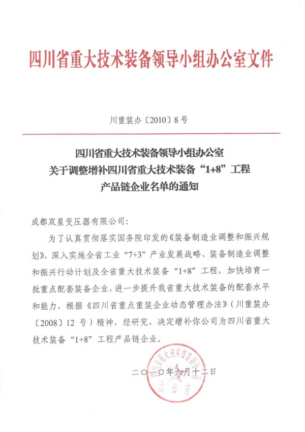 关于我公司被列入四川省重大技术装备“1+8”工程产品企业链名单通知
